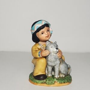 Vintage Homco Native American Child With Wolf Pup 4" Figurine